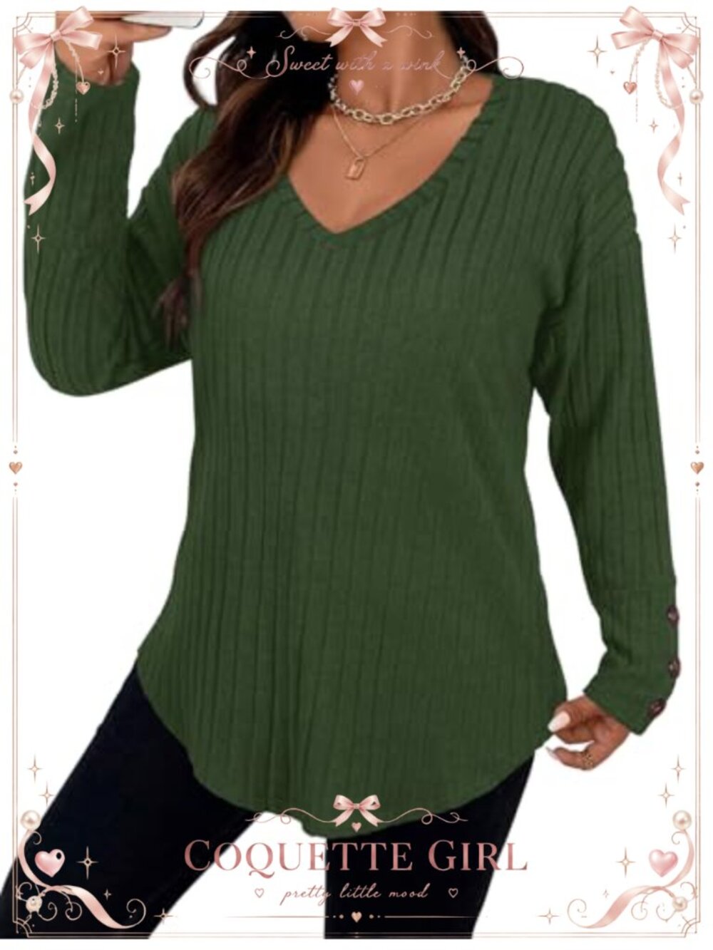 Womens Plus Size Tunic Sweater Button Cuff V-Neck Loose Fit Pullover
